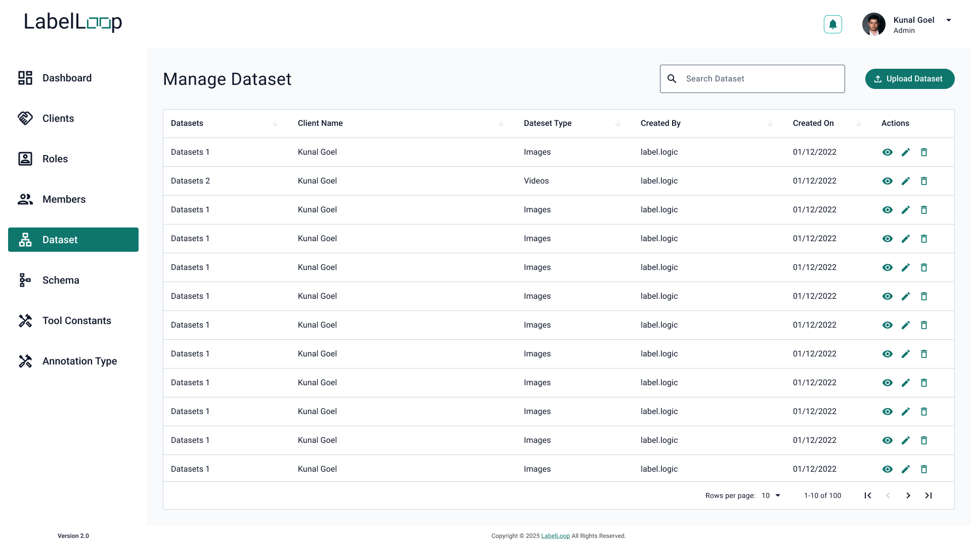 Manage Dataset — centralized datasets with type and source metadata